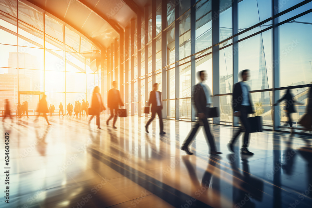 motion blur of business professionals at a huge congerence, spacious building