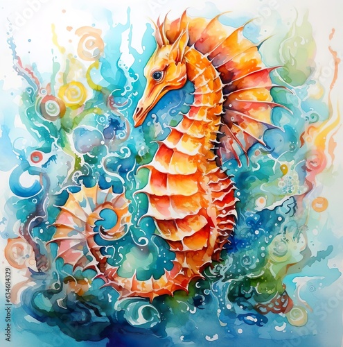 A watercolor painting of a seahorse with ocean background © Adi