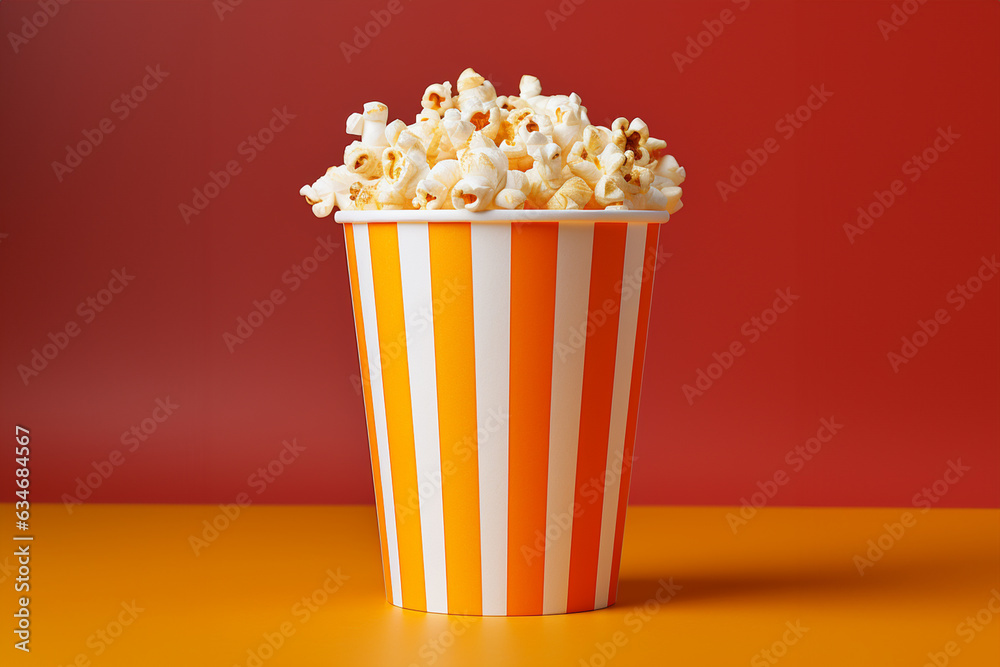 Paper cup with popcorn on color background, made by ai