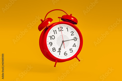 Red vintage alarm clock on bright orange color background. Time management, deadline concept. 3d rendering