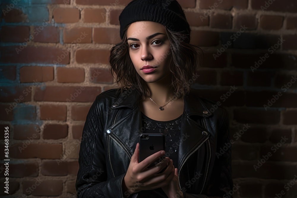 Naklejka premium Fashionable emo girl with black hair, wearing a leather jacket and using her smartphone. A fictional character created by Generated AI
