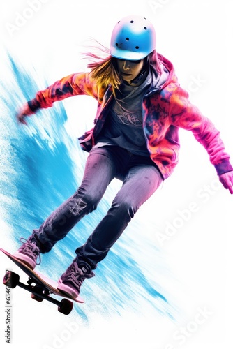Skilled Female Skateboarder Performing a Stunt. A fictional character created by Generated AI © shelbys