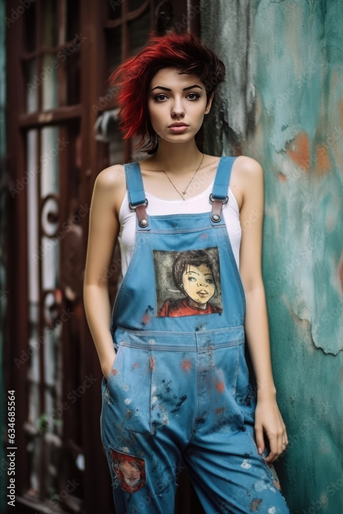 Fototapeta premium Female Artist Wearing Overalls and Painting a Portrait. A fictional character created by Generated AI