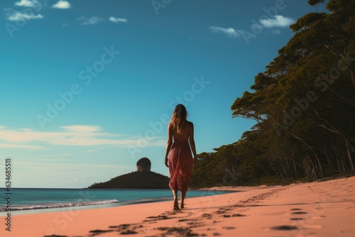 Beautiful woman in a dress walks on the beach. A fictional character created by Generated AI