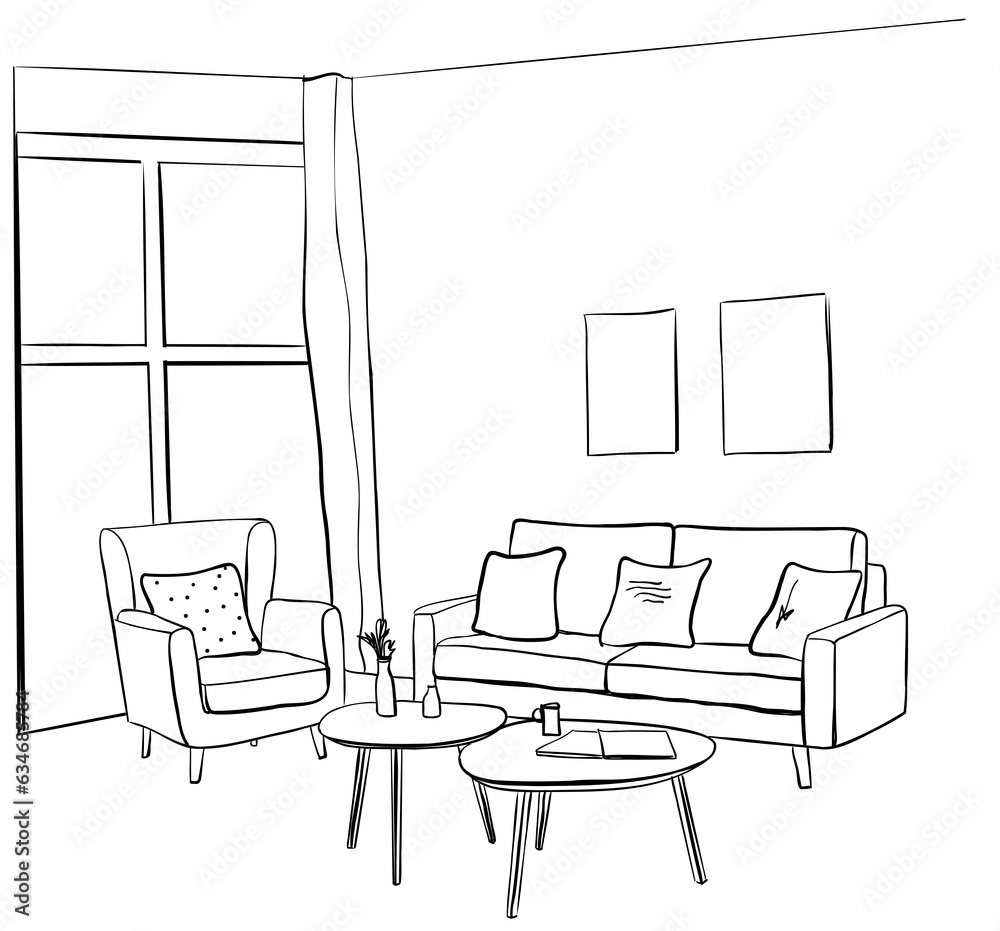 Line sketch of the interior living room.