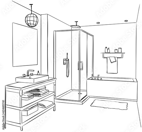Hand drawn sketch. Linear sketch of an interior. Part of the bathroom. Vector illustration