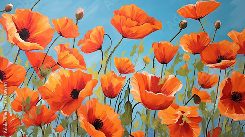 Vibrant Poppies  Digital Painting of Blooms Beneath a Clear Blue Sky