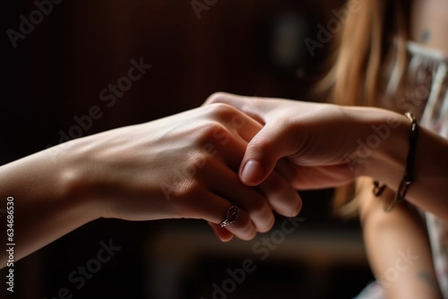 First teenage love, LGBT, close moment together concept. Partial view of two young teenage girls or female couple in love, touching gently hands of each other. Happy, lovely romantic couple lover