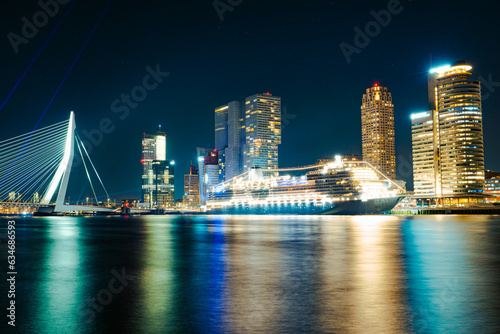 Panoramic view of the night city. Rotterdam city skyline. City towers illuminated panorama. Netherlands