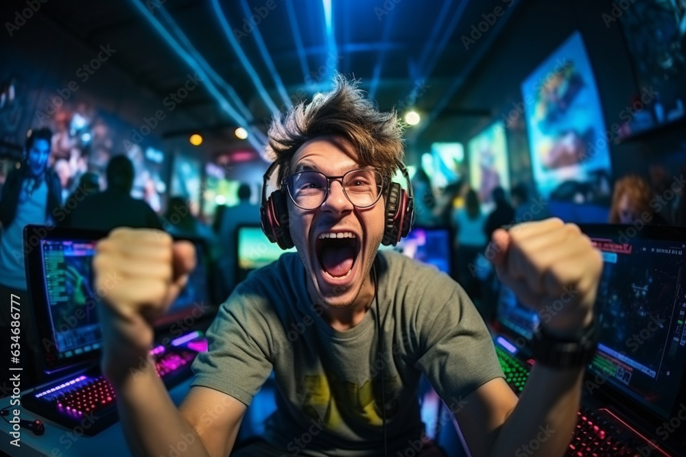 Wide-angle shot capturing the gamer's triumphant celebration, gamer rejoices in victory, blurred background, bokeh Generative AI Wide-angle shot capturing the gamer's triumphant celebration, gamer rejoices in victory, blurred background, bokeh Generative AI