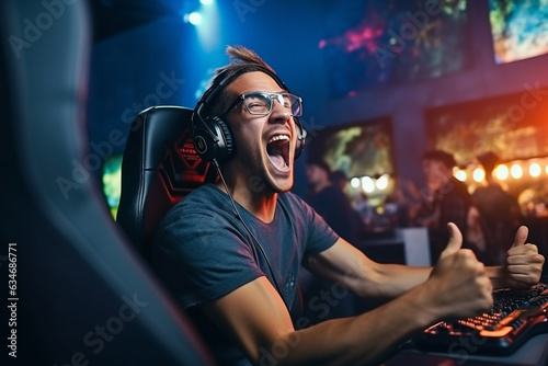 Gamer's intense reaction to winning, gamer rejoices in victory, blurred background, bokeh Generative AI