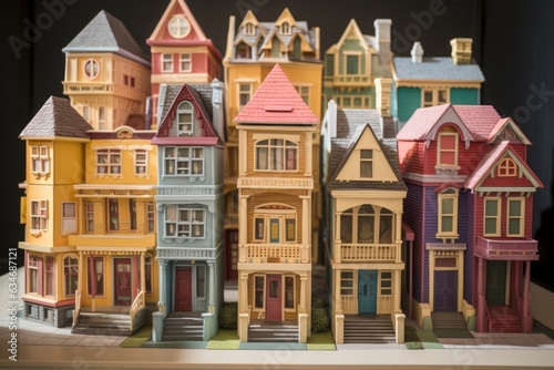 vibrant toy town, city street with different colored buildings, detailed miniatures illustration
