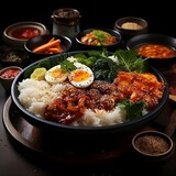 Rice with boiled eggs, meat and vegetable served in bowl