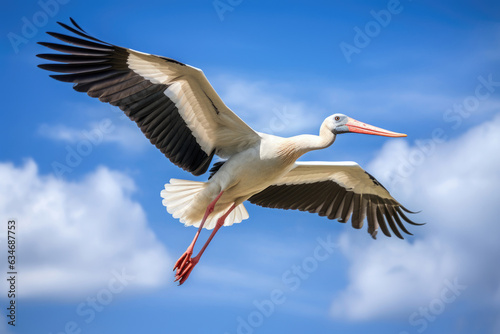 Stork in flight on blue sky