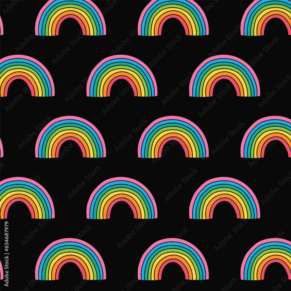 Pattern of colorful graphic rainbow symbol on black color background Pattern of colorful graphic rainbow symbol on black color background