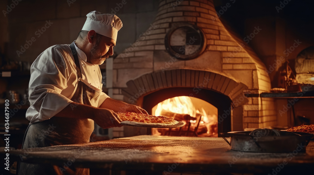 An expert chef prepares pizza in a wood-fired oven