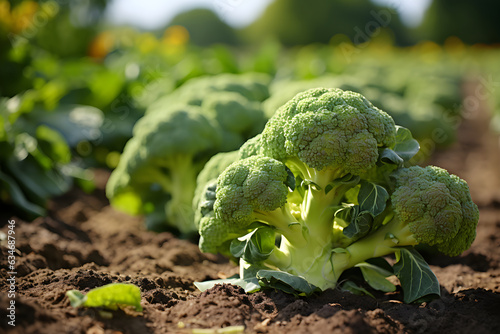 Close up of ripe broccoli grows outdoors on a field