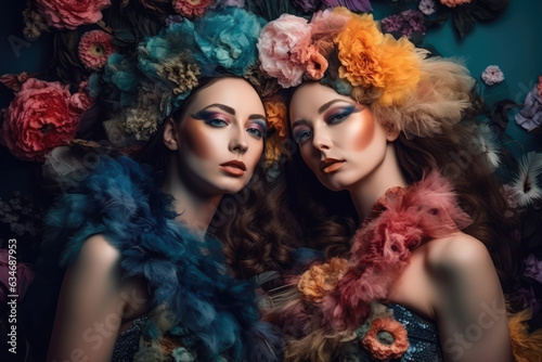 Beautiful fashion women is surrounded by colored flowers and feathers, in the style of surreal fashion photography. Multi racial Young women with makeup. Girls dressed up in decorative flowers © Kien