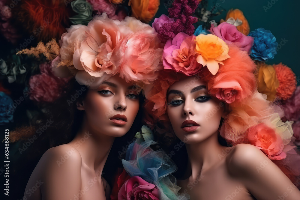 Beautiful fashion women is surrounded by colored flowers and feathers, in the style of surreal fashion photography. Multi racial Young women with makeup. Girls dressed up in decorative flowers