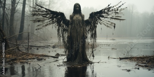 Petrified fallen angel covered in dirty mud and black oil with tarred wings, creepy swamp shrouded in thick fog, feelings of sorrow and despair, hopeless and forgotten outcast - generative AI 