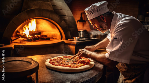 An expert chef prepares pizza in a wood-fired oven photo