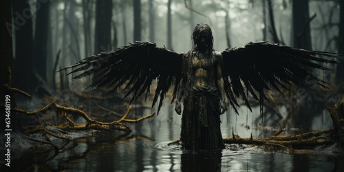 Petrified fallen angel covered in dirty mud and black oil with tarred wings, creepy swamp shrouded in thick fog, feelings of sorrow and despair, hopeless and forgotten outcast - generative AI 
