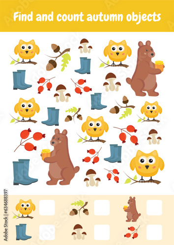 Find different pictures, find difference. Worksheets activities for schooling, early education. Counting educational logical game, mathematic learning. I spy. Kid lessons, skill play puzzle for kids. © Yana