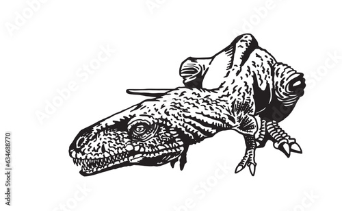 Graphical hand drawn raptor isolated on white,vector dinosaur,illustration