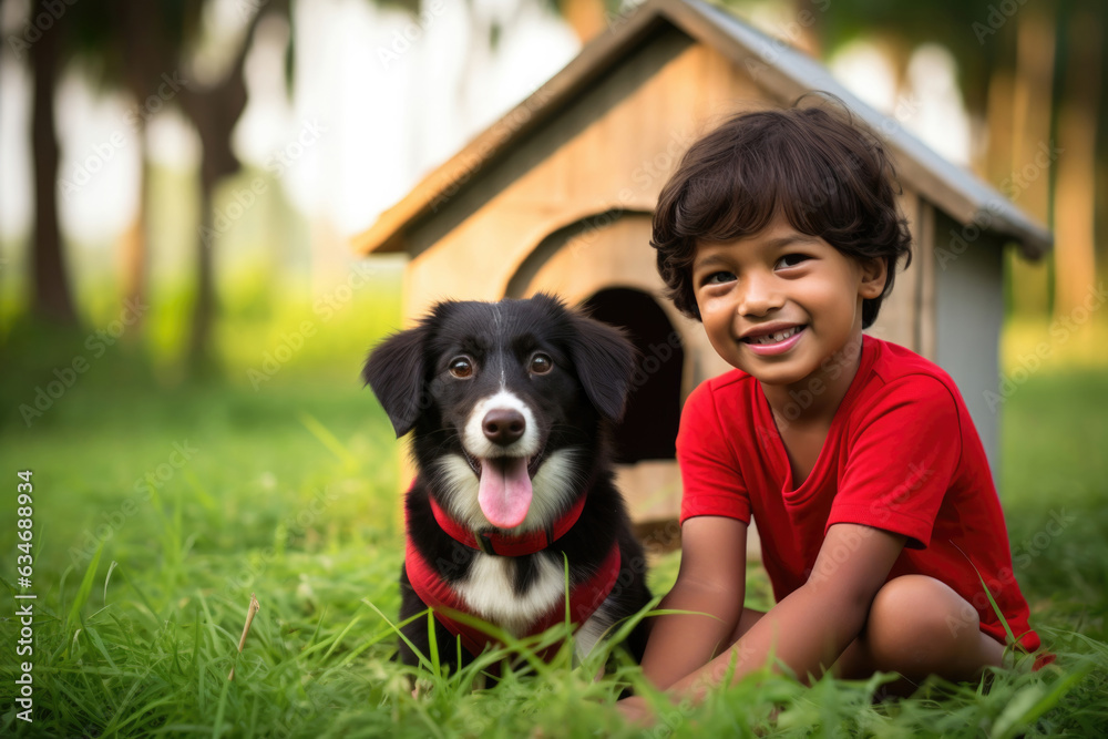 Indian kid playing with pet dog