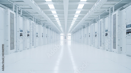 White data center room with rows of network servers and storage systems