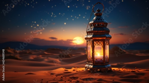 Arabic lantern on the sand in the night. Arabic lantern candle in the stary night.