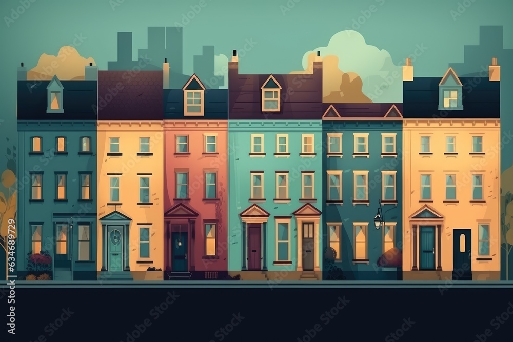 colorful row of buildings, city salem town houses street city house design illustration