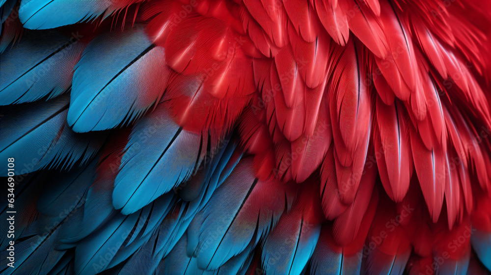Obraz premium Closeup of a vibrant parrot. Background of parrot feathers showcasing a red and blue exotic texture. Generative AI.