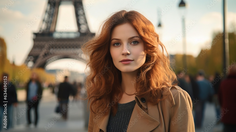The young woman standing before the Eiffel Tower in Paris, the iconic landmark towering behind her as a symbol of her adventure The young woman standing before the Eiffel Tower in Paris, the iconic landmark towering behind her as a symbol of her adventure