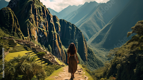 The woman hiking through the lush landscapes of Machu Picchu, the ancient ruins standing as a testament to human history  #634690189