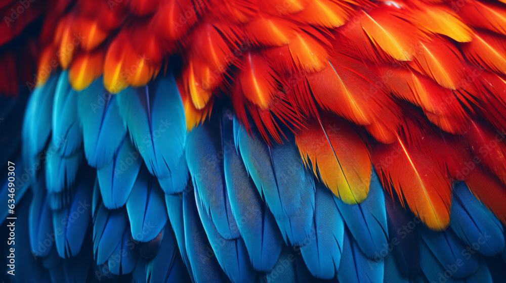 Obraz premium Closeup of a vibrant parrot. Background of parrot feathers showcasing a red and blue exotic texture. Generative AI.