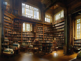 interior of an old-fashioned library in a grand house crowded with old wooden furniture and books on shelves.