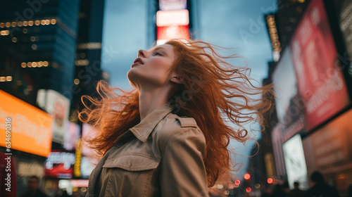 A candid shot of the woman embracing the energy of Times Square in New York City, encapsulating the bustling urban vibe  photo