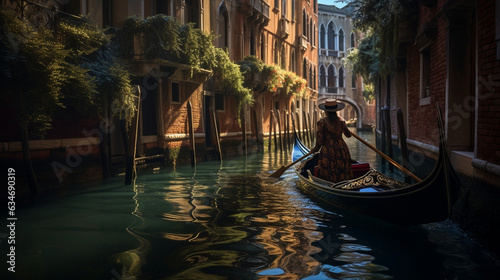 The woman riding a gondola along the picturesque canals of Venice, the city's unique charm reflected in the scene  photo