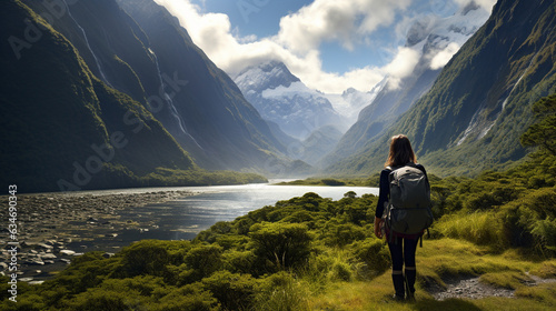 A candid shot of the woman hiking in New Zealand s Fiordland National Park  the dramatic scenery a testament to nature s beauty 
