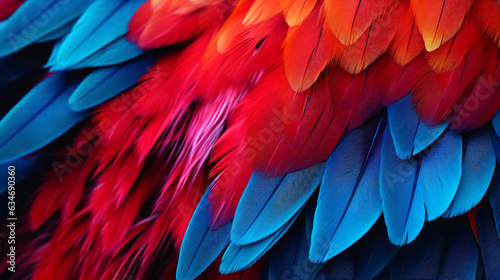 Closeup of a vibrant parrot. Background of parrot feathers showcasing a red and blue exotic texture. Generative AI. © Nico Vincentini