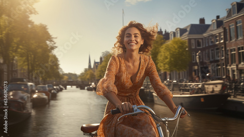 The woman enjoying a bike ride along the Amsterdam canals, the city's charming streets and waterways as her backdrop 