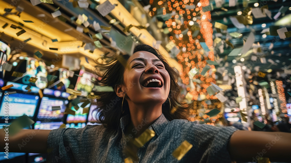 A happy woman win poker in a casino and money falling background