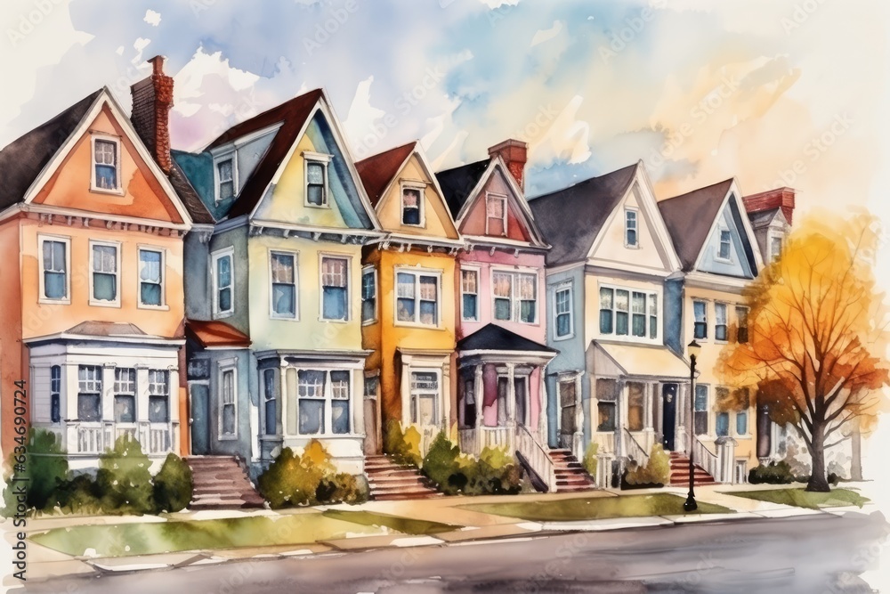 Autumn vibrant town, city street with different colored buildings, Watercolor illustration