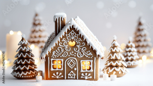Christmas gingerbread house decoration on white background of defocused golden lights. Hand decorated.