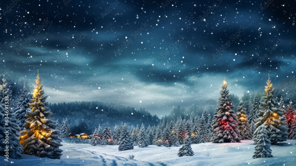 Beautiful Christmas tree in winter landscape, illustration. space for text