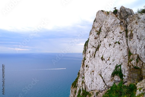 view from the skywalk of the Rock of Gibraltar the mediterranean sea and the Strait of Gibraltar on a cloudy day, Gibraltar, British Overseas Territory, Great Britain, Europe