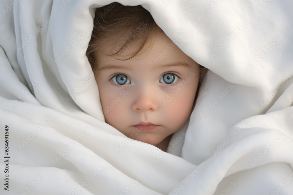 A delightful little Caucasian baby with big blue eyes and a tiny nose, wrapped in a soft white blanket on a bed, with an ideal background for advertisements. Generative AI. A delightful little Caucasian baby with big blue eyes and a tiny nose, wrapped in a soft white blanket on a bed, with an ideal background for advertisements. Generative AI.