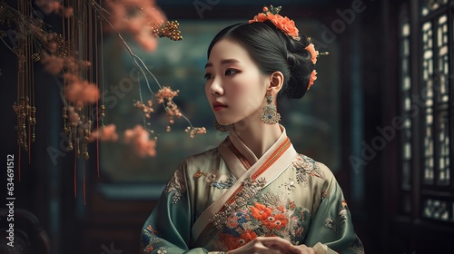 Asian woman in traditional kimono on dark background.