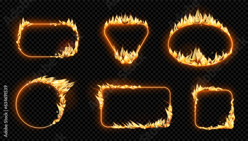 Burning fire frames and borders with empty copy space, realistic illustration collection. Isolated rectangles and triangle, circles and square with flames and blazing bright lights